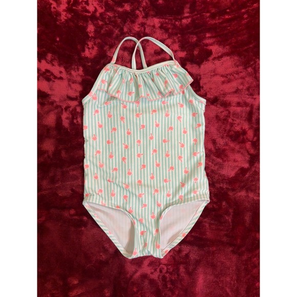 Floatimini Other - Floatimini Girls Mint Green Pink Palm Tree Stripe Ruffle One Piece Swimsuit 6